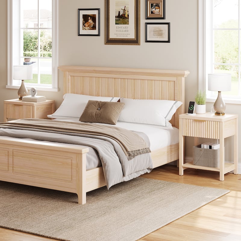 Nightstand with Drawers Fluted Bedside Table with Charging Station