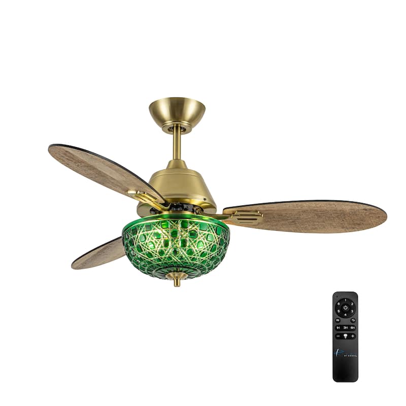Izzy River of Goods 3-blade 42-inch Modern Indoor Ceiling Fan with Green Hand-Cut Glass Shade and Remote Control - 42" x 42" x 18.75" - Green/Gold - Remote