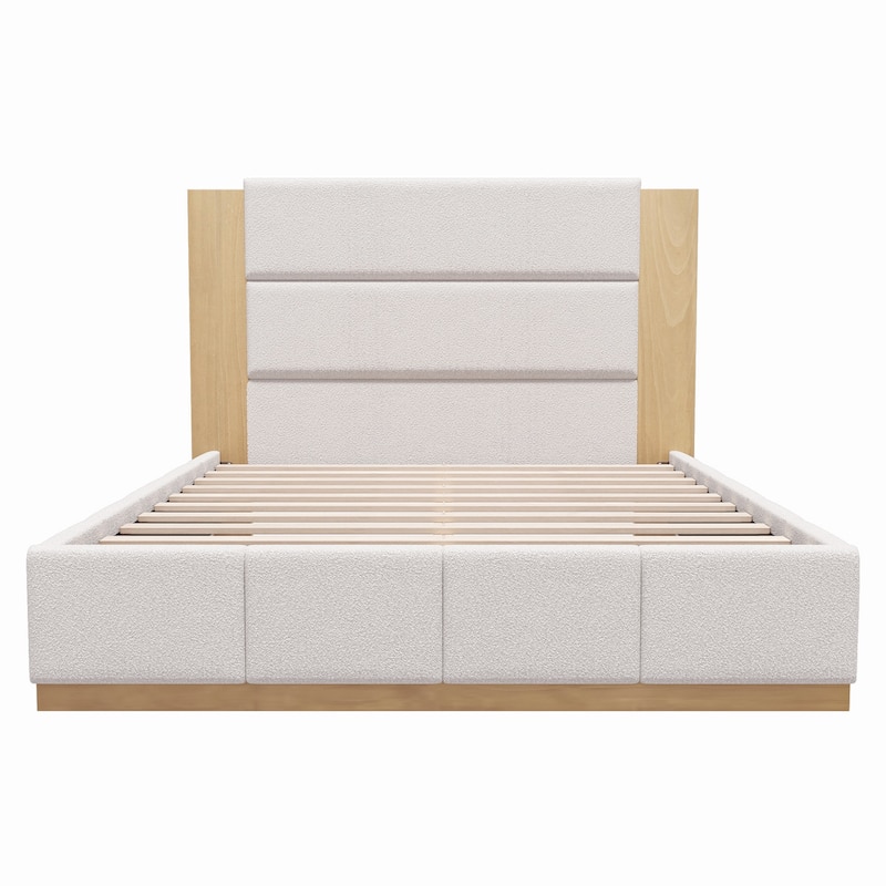 Upholstered Bed Low Profile Platform Bed Modern Wood Base Grounded Bed with Extended Wood Headboard and Upholstered Wingback