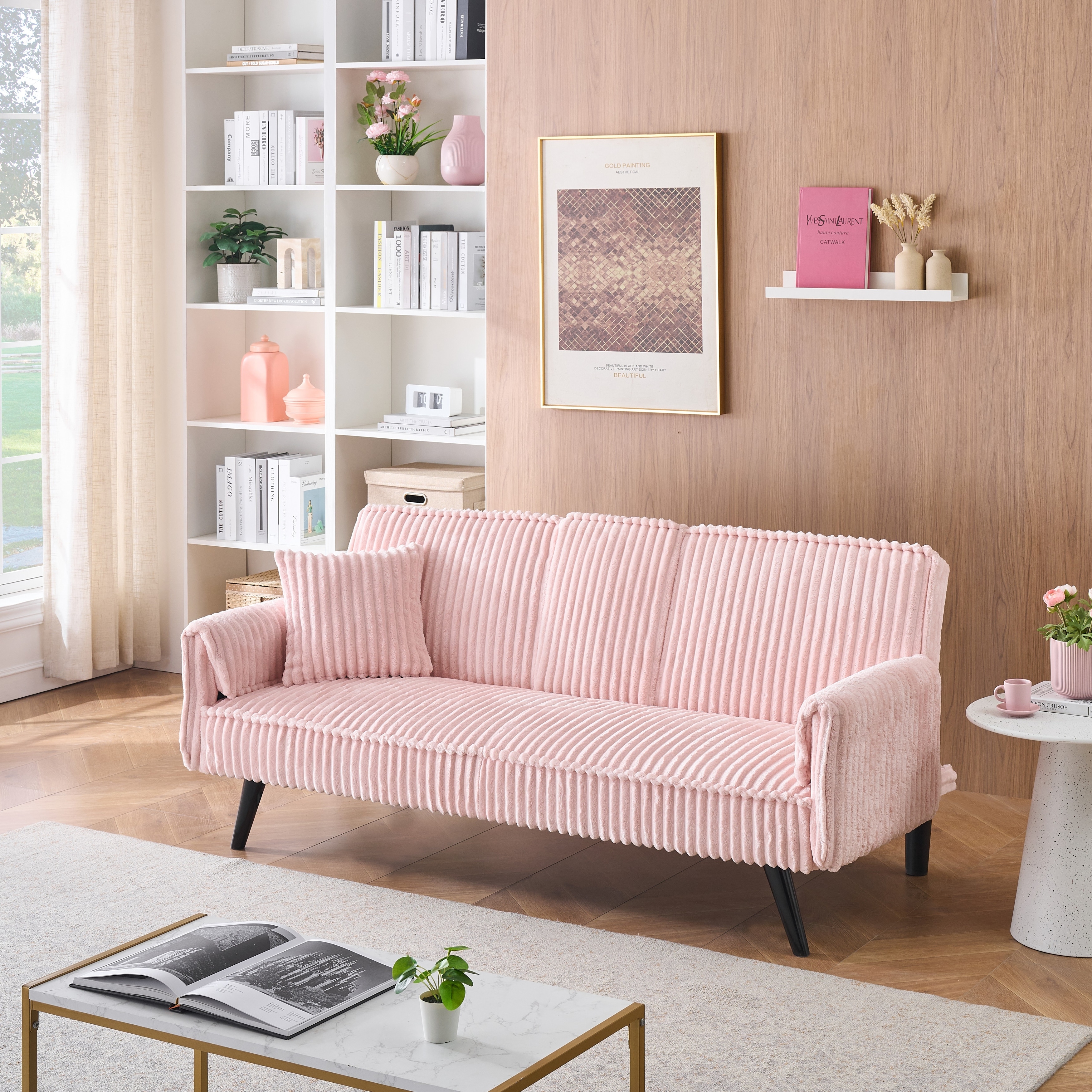 Corduroy Convertible Sleeper Sofa Bed, Upholstered Loveseat with Armrests, Small 2 Seater Sofa with Retractable Cup Holder