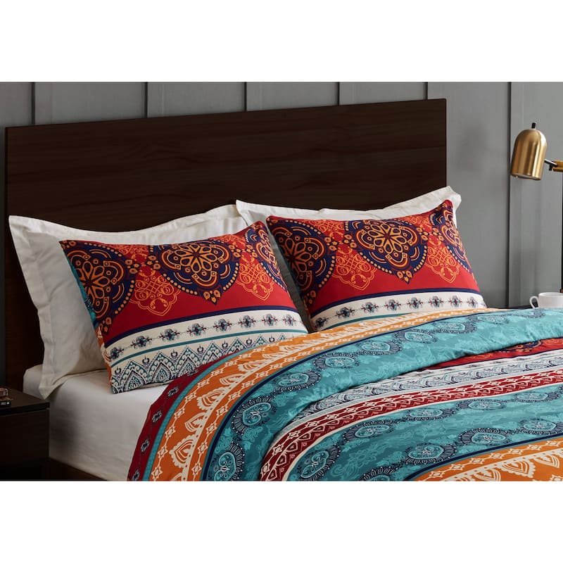 Sweet Jojo Designs Boho Chic Mandala Pillow Shams 2 Pack Set - Red Blue Orange Bohemian Colorful Vintage Retro Patterned Tribal