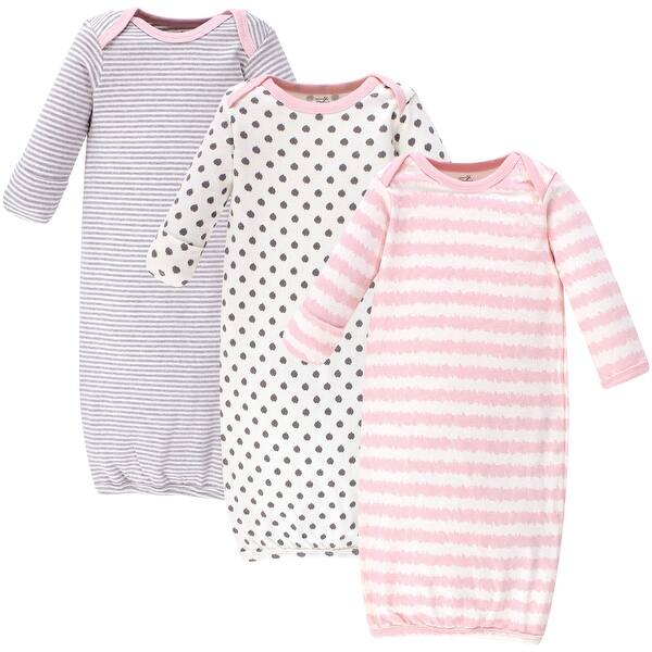 slide 1 of 1, Touched by Nature Baby Girl Organic Cotton Long-Sleeve Gowns 3pk, Pink Gray Scribble 0-6 Months - Pink Gray Scribble
