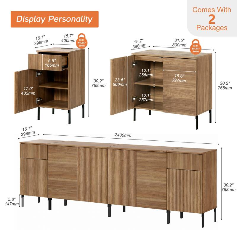 94.5" Modern Wood Reeded Dresser With Doors, Minimalist Dresser Organizer Storage With Charging Station