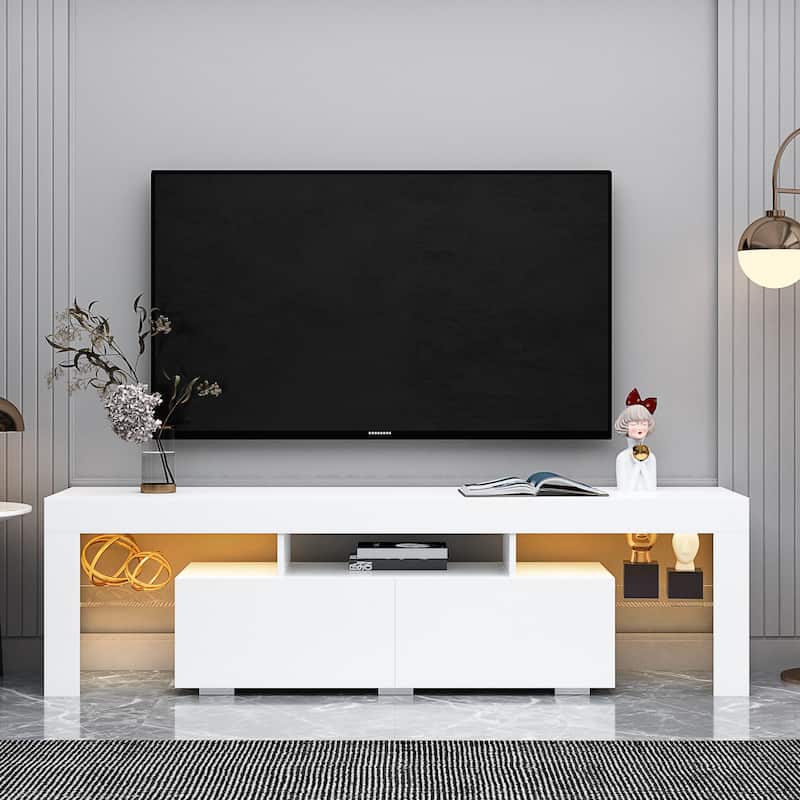 Contemporary Black TV Stand with Multi-Color LED Lighting & Remote Control‌ - White