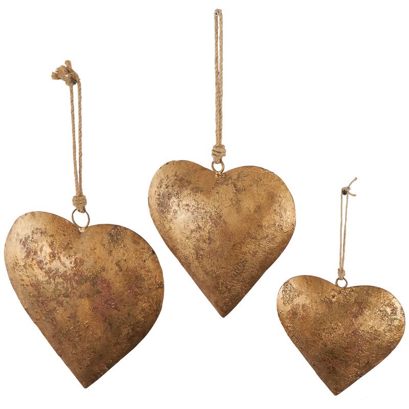 Gold, Red or Gray Metal Heart Decorative Bell with Hanging Rope (Set of 3)