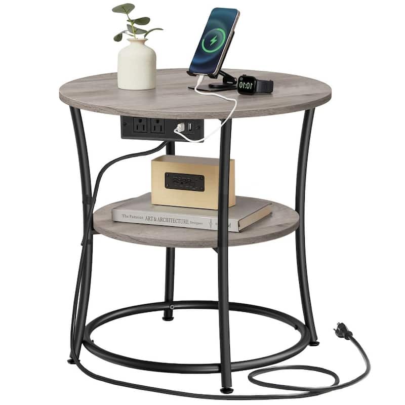Metal Wood Round Side Table with USB Ports and 2 Tier Storage - 21.7"D x 21.7"W x 21.7"H