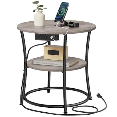 Metal Wood Round Side Table with USB Ports and 2 Tier Storage - 21.7"D x 21.7"W x 21.7"H