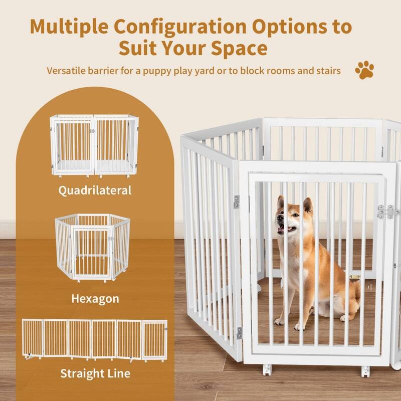 DoCred 133.6" Extra Wide Wooden Dog Gate with Wheels and Door, 6-Panel