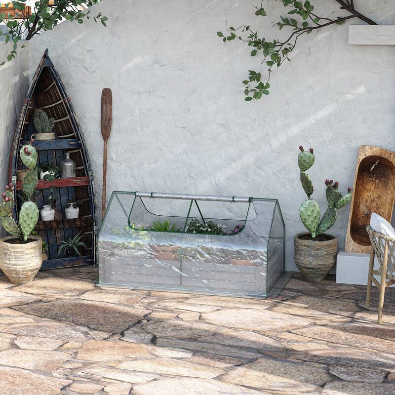 Outsunny Raised Garden Bed with Mini Greenhouse, Steel Outdoor Planter Box with Plastic Cover, Roll Up Window - Mini