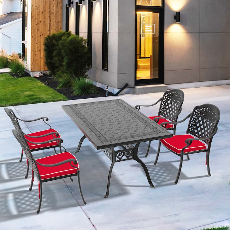 5/7-Piece Cast Aluminum Outdoor Dining Set with 59.06'' L X 35.43'' W Rectangular Table and Random Color Seat Cushions - Black( 5-PieceSets-B)