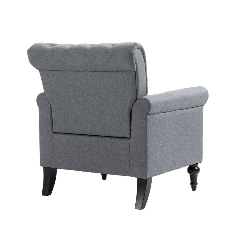 Linen Armchair w/Tufted Back/Wood Legs