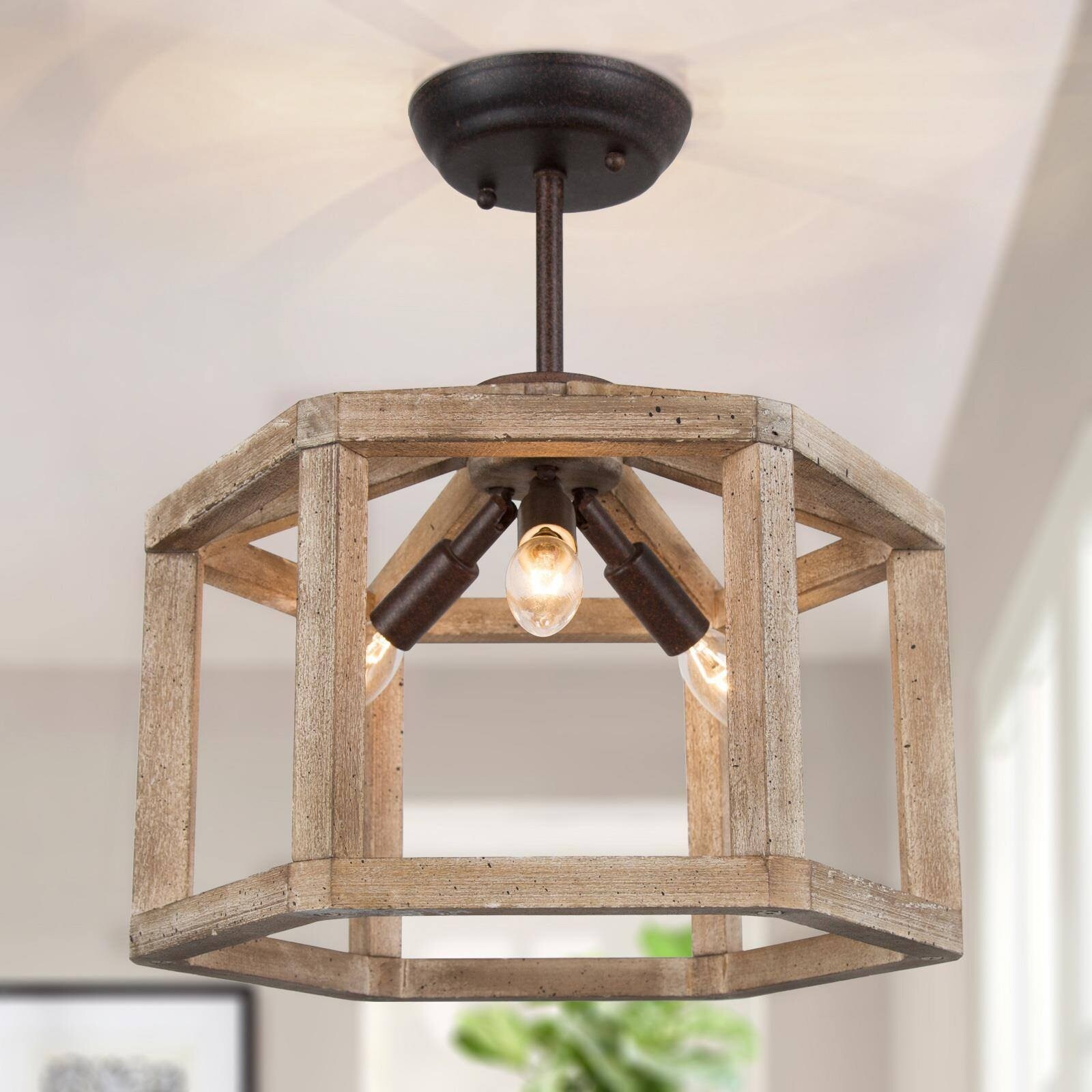 Modern Farmhouse 3 Light Geometric Wood Semi Flush Mount Ceiling Light D14 x H15 Brown
