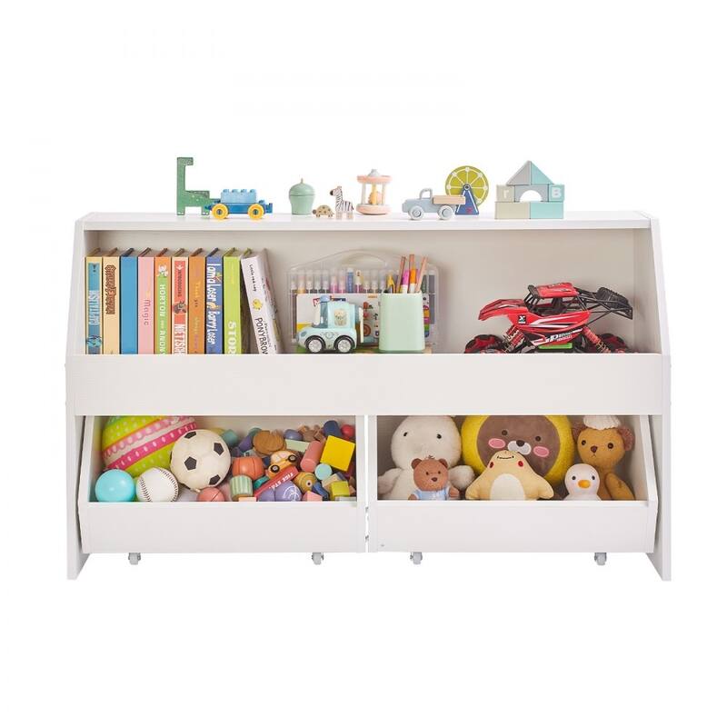 White Wooden Toy Storage Organizer with 3 Compartments and Top Shelf - 40.16 x 11.69 x 23.62 in/