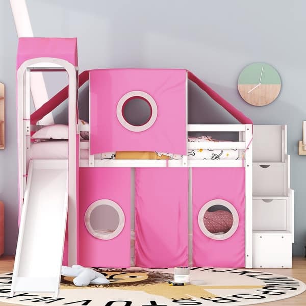 slide 2 of 36, Twin Size Loft Bed with Storage Stairs, Tent & Tower, Solid Wood Castle-Inspired Kids Loft Bed Frame with Slide, Fence & Window Pink - Twin