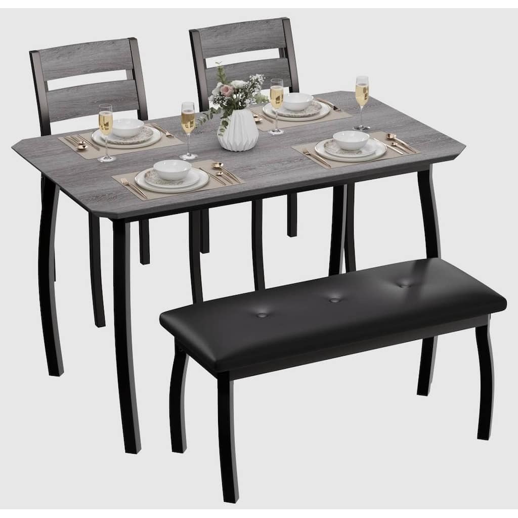 Dining Table Set for 4, Sturdy Wooden Kitchen Table with Chamfer Design and Metal legs, Upholstered Bench