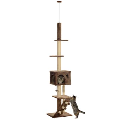 PawHut Floor to Ceiling Cat Tree Cat Tower, Adjustable Height 89"-104" with Cat Condo, Scratching Posts, Brown