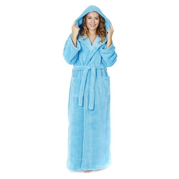Women S Hooded Premium Fleece Full Length Bathrobe Turkish Soft Plush Robe As Is Item Overstock 32232499