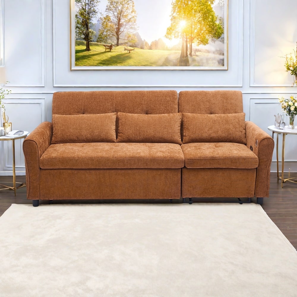 82" Chenille 2-in-1 Sofa Bed with Adjustable Backrest, Reversible Chaise, USB Charging Ports
