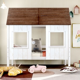 Twin Size Low Loft Wood House Bed with Two Front Windows - Bed Bath ...