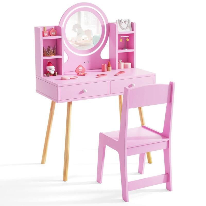 Costway Kids Vanity Set Princess Vanity Desk Set with 2-Color LED - See Details