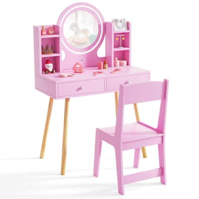 Costway Kids Vanity Set Princess Vanity Desk Set with 2-Color LED - See Details