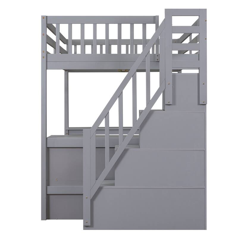 Gray Full Size Pine Wood Loft Bed with Built-in L-Shaped Desk and Three-Tier Storage Shelves, and Attached Storage Staircase