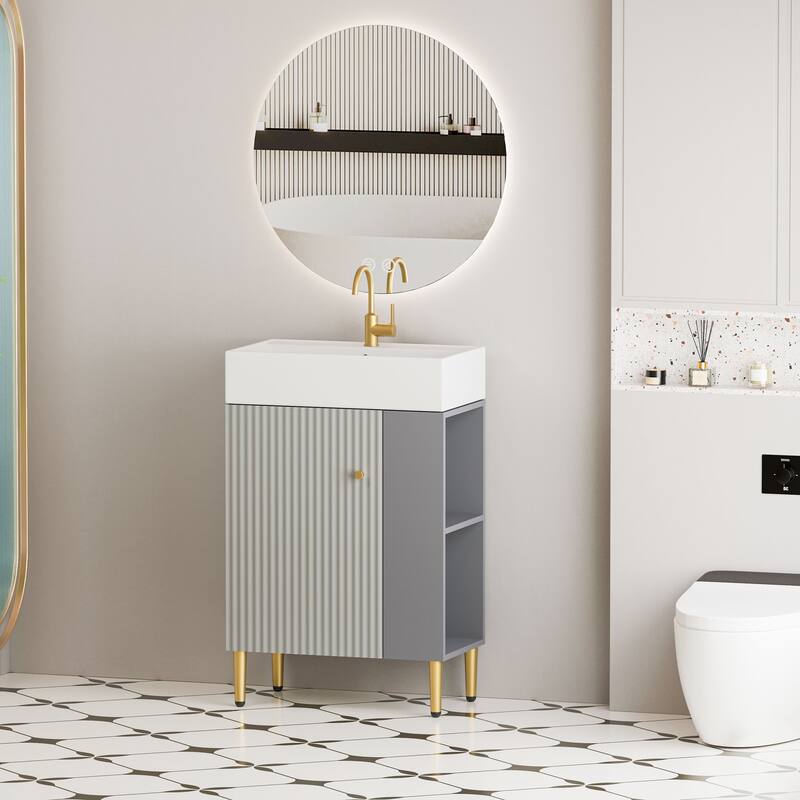 Compact White Bathroom Vanity with Ceramic Sink, Soft-Closing Cabinet, and Brushed Copper Accents for Small Spaces