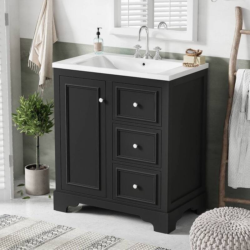 30'' Bathroom Vanity with Top Sink, Freestanding Vanity Set with Mirror Cabinet