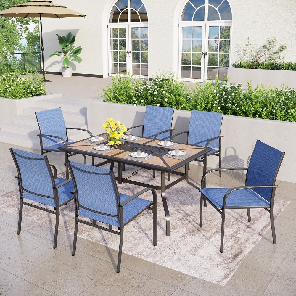 MAISON ARTS Patio Dining Set 7-Piece Metal Wood-look Geometric Rectangle Table and 6 Textilene Chairs