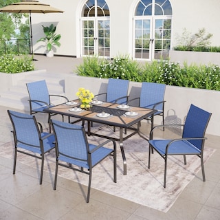 MAISON ARTS Patio Dining Set 7-Piece Metal Wood-look Geometric Rectangle Table and 6 Textilene Chairs