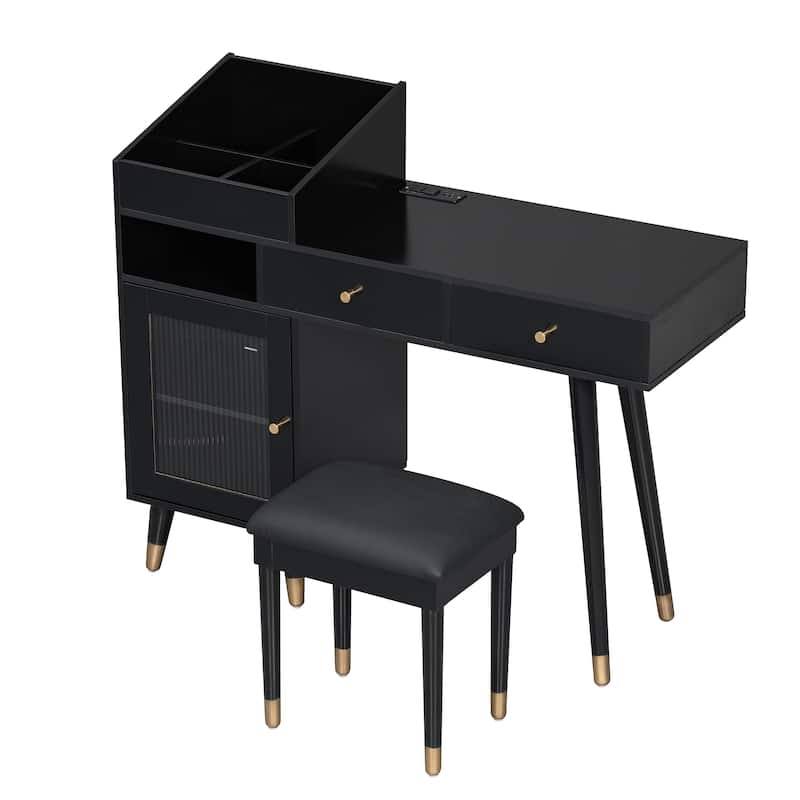 Modern Makeup Vanity Desk with Drawers, Cabinet & Charging Port
