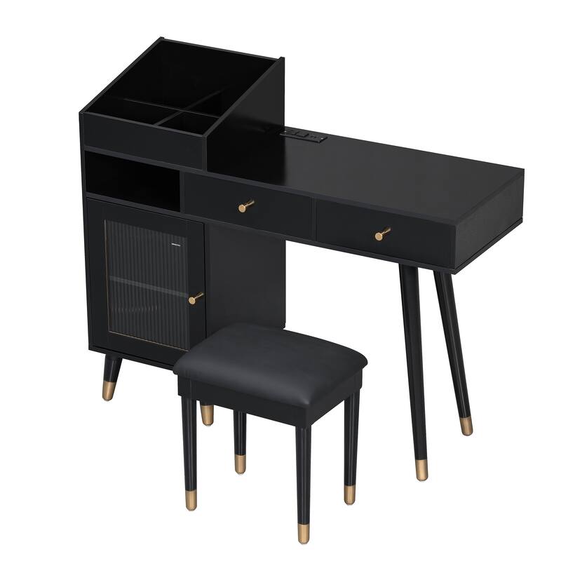 Modern Makeup Vanity Set with Charging Station - Space-Saving Dressing Table with Stool, Storage Drawers & Cabinet