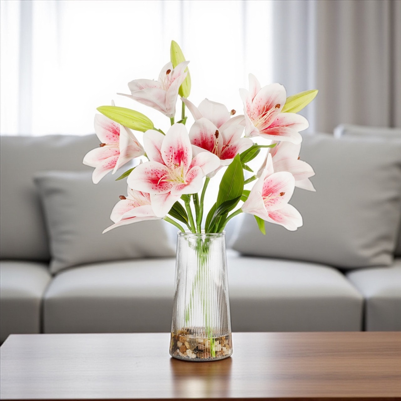 Real Touch Tiger Lily Flower Arrangement in Clear Glass Vase with