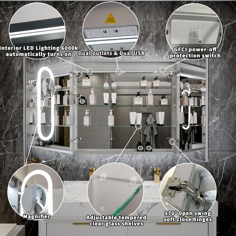 Modland 30"-48"W x 32"H Medicine Cabinet LED Mirrored Wall Mounted Bathroom Mirror with Storage