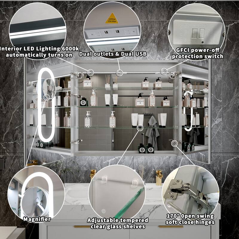 Modland Recessed Smart Mirror Cabinet 24-48x32" with Lights, Anti-Fog, Outlet & Magnifier - Adjustable Shelves