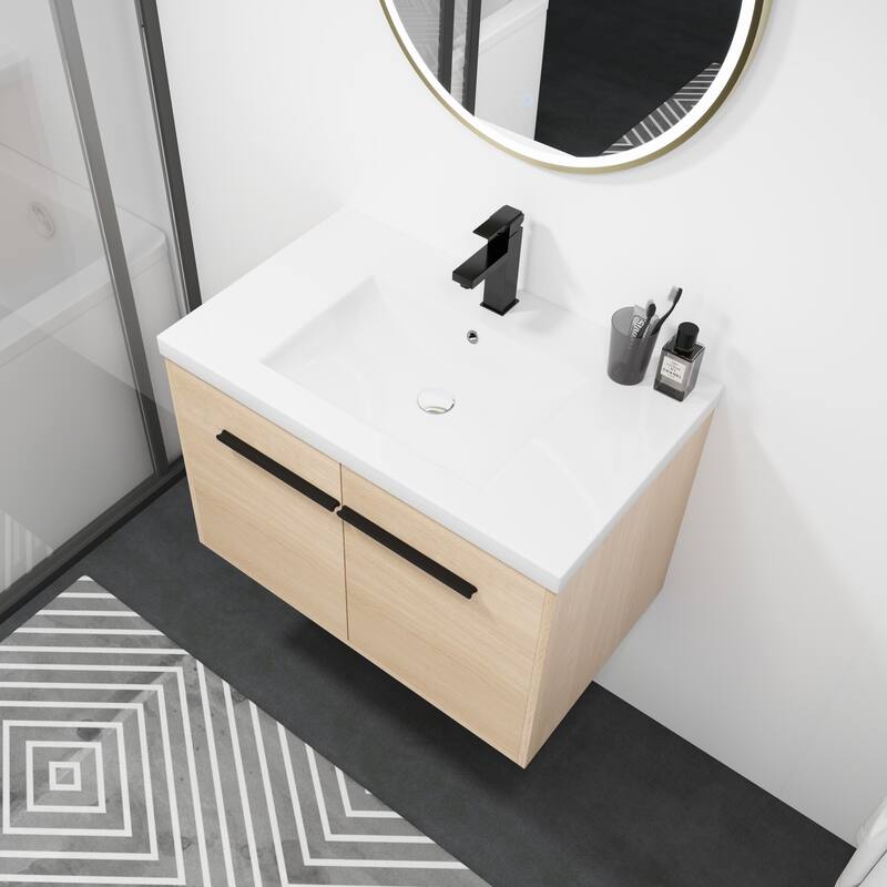 Fully Assembled Black 30 Inch Bathroom Vanity with Ceramic Countertop Sink, Oak 2 Doors Bathroom Cabinet Set