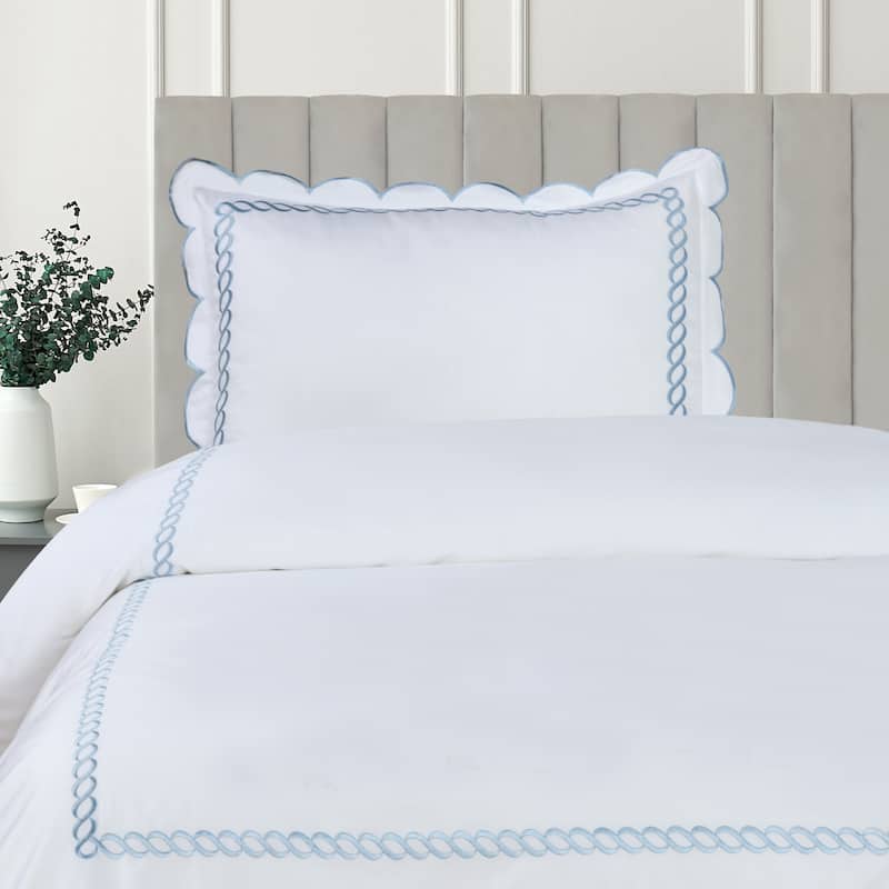 Home Sweet Home Collection 600TC Scallop and Rope Duvet Set and Sham - Full - Queen - Blue Sheet Set - 3 Piece
