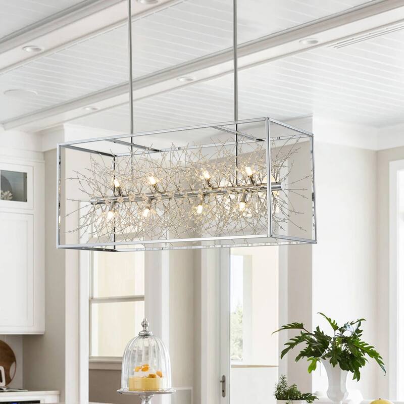 Farmhouse 12-Light Rectangle Metal Frame Kitchen Island Chandelier with Crystal Branch Inside