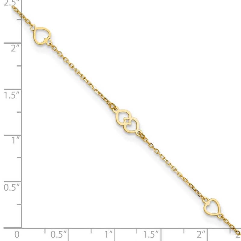 Curata 14k Yellow Gold 9+1" Polished Love Hearts Station Anklets (Spring-ring)