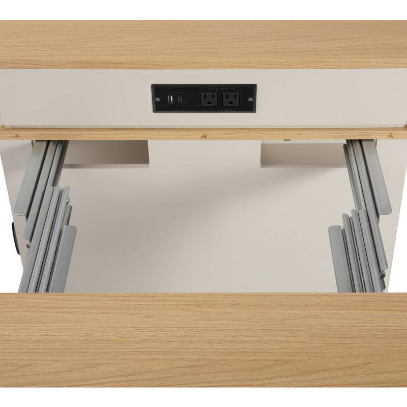 Kitchen Island with Extendable Dining Table, Kitchen Storage Table with 2 Drawers, Power Outlet, Open Shelves, for Diningroom