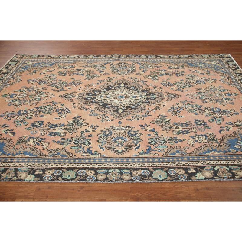 Hand Knotted Oriental 100% Wool Carpet Traditional Floral Coral Hamedan Area Rug - 9' 4'' X 6' 3''