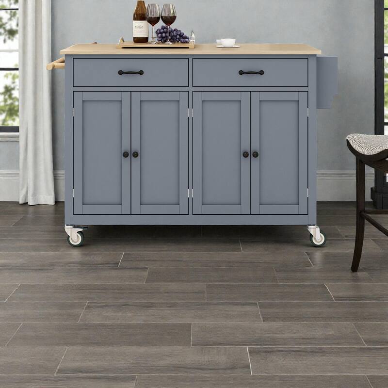 54.3" Kitchen Island Cart with Solid Wood Top, 4 Door Cabinet, Drawers, Spice Rack, Wheels