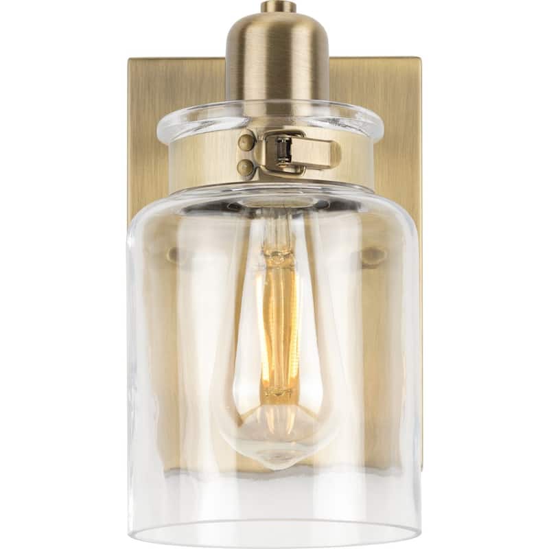Calhoun Collection One-Light Vintage Brass Clear Glass Farmhouse Bath Vanity Light - 5 in x 6.875 in x 8.625 in