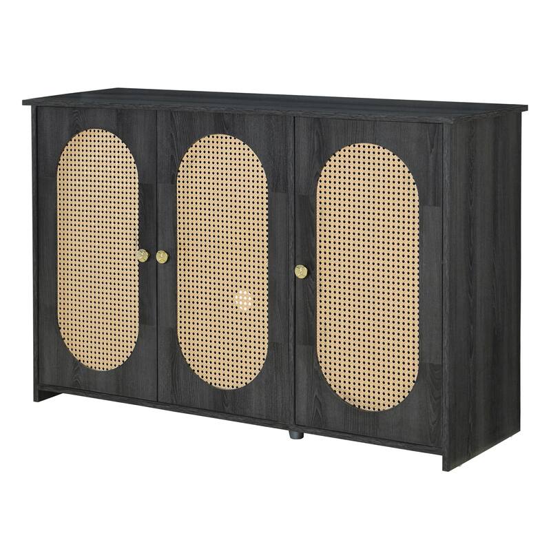 Oval Rattan Doors Black Sideboard with Adjustable Shelves - Black