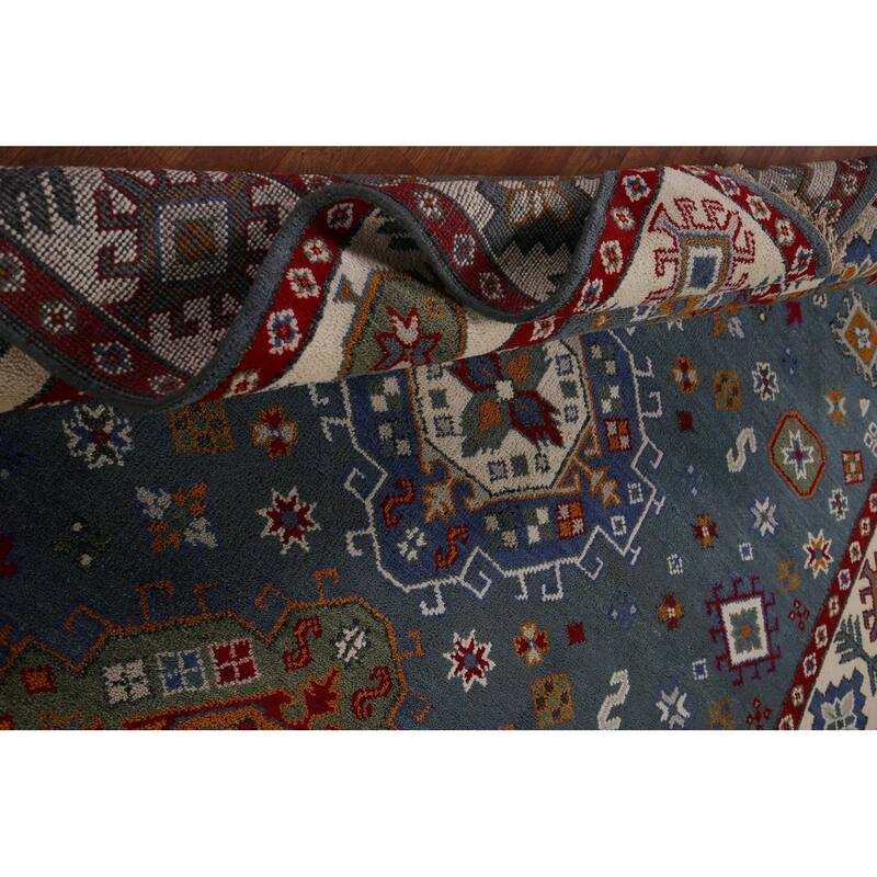 Geometric Blue Kazak Oriental Area Rug Hand-Knotted Wool Carpet - 7'11" x 9'9"