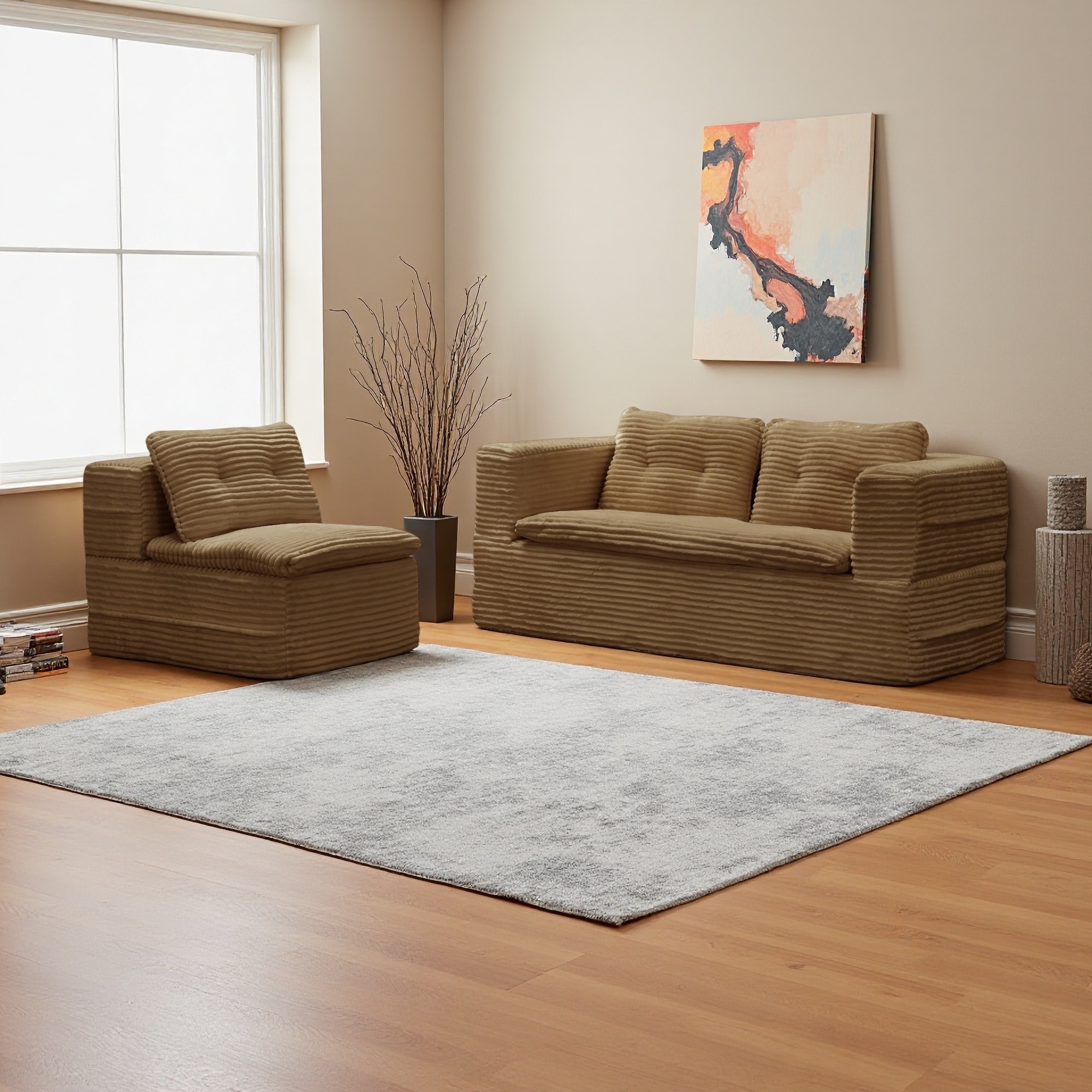 80" Corduroy Convertible 4-Seater Sectional Sofa Bed with Chaise Lounge