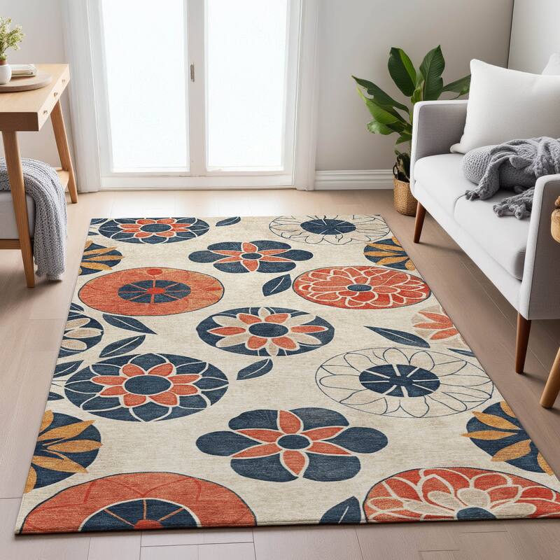 Machine Washable Indoor/Outdoor Transitional Floral Chantille Rug