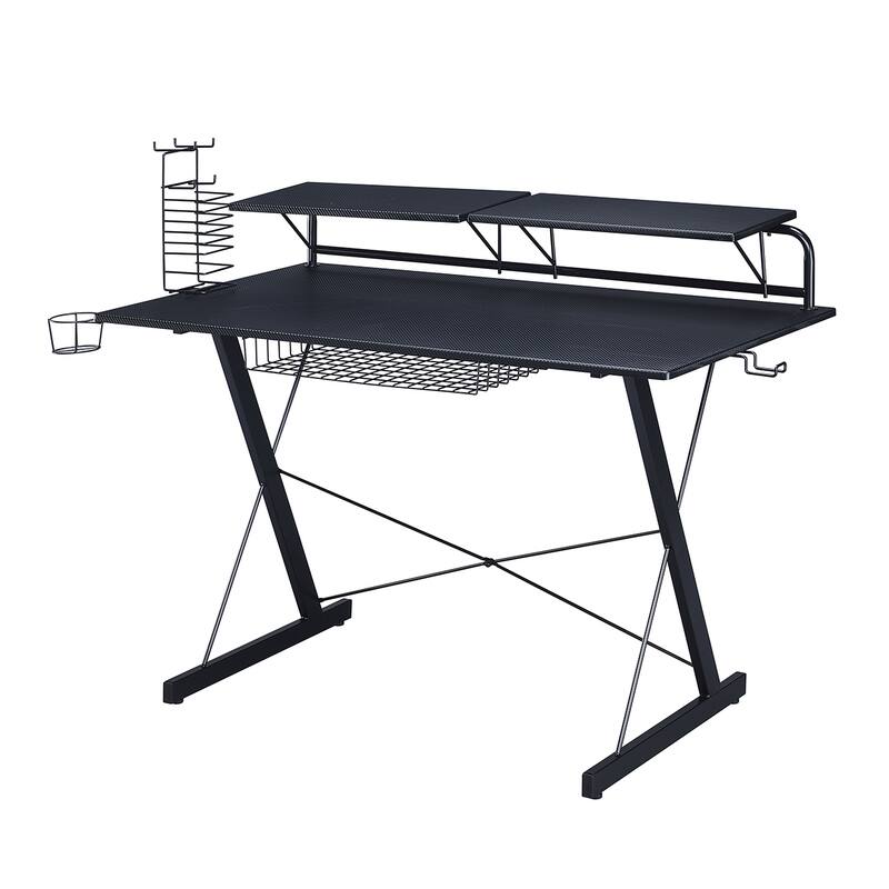 High-Tech Gaming Desk with Carbon Fiber Top, Headphone Holder, Dual Monitor Stands, and Media Storage