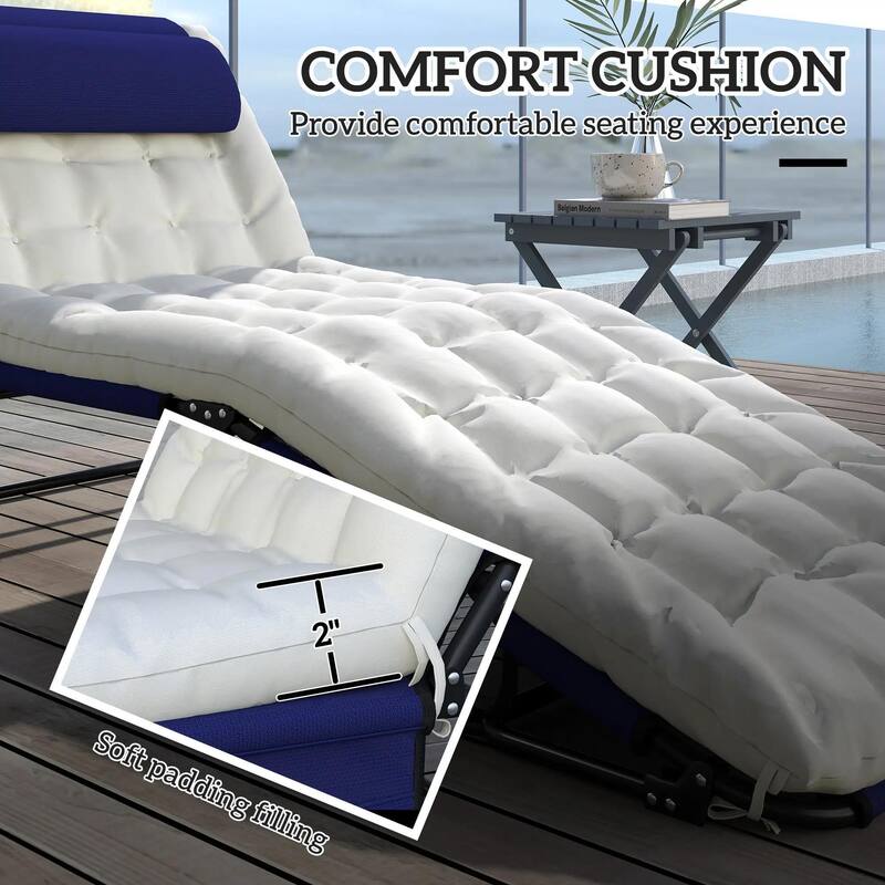 Folding Chaise Lounge Chair,4-Pos Recliner,Cushion,Pocket,Headrest