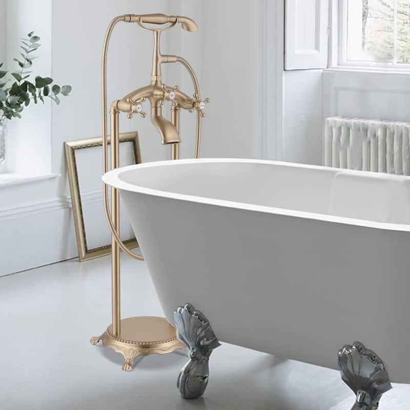 39.37"H Solid Brass 3 Handle Floor Mounted Clawfoot Tub Faucet with Diverter